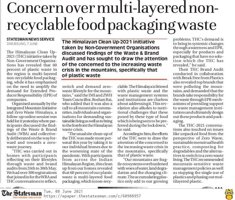 NoelGiri11's tweet photo. The Himalayan Cleanup from home 2021 reveals 60% of our plastic waste is multi-layered non-recyclable food packaging - we are concerned, extremely concerned!
#TheHimalayanCleanup
#THC2021 #breakfreefromplastic
#BeatPlasticPollution #eatlocal
#GoForZeroWaste #SwachhBharat https://t.co/TYp3cgL3Qg