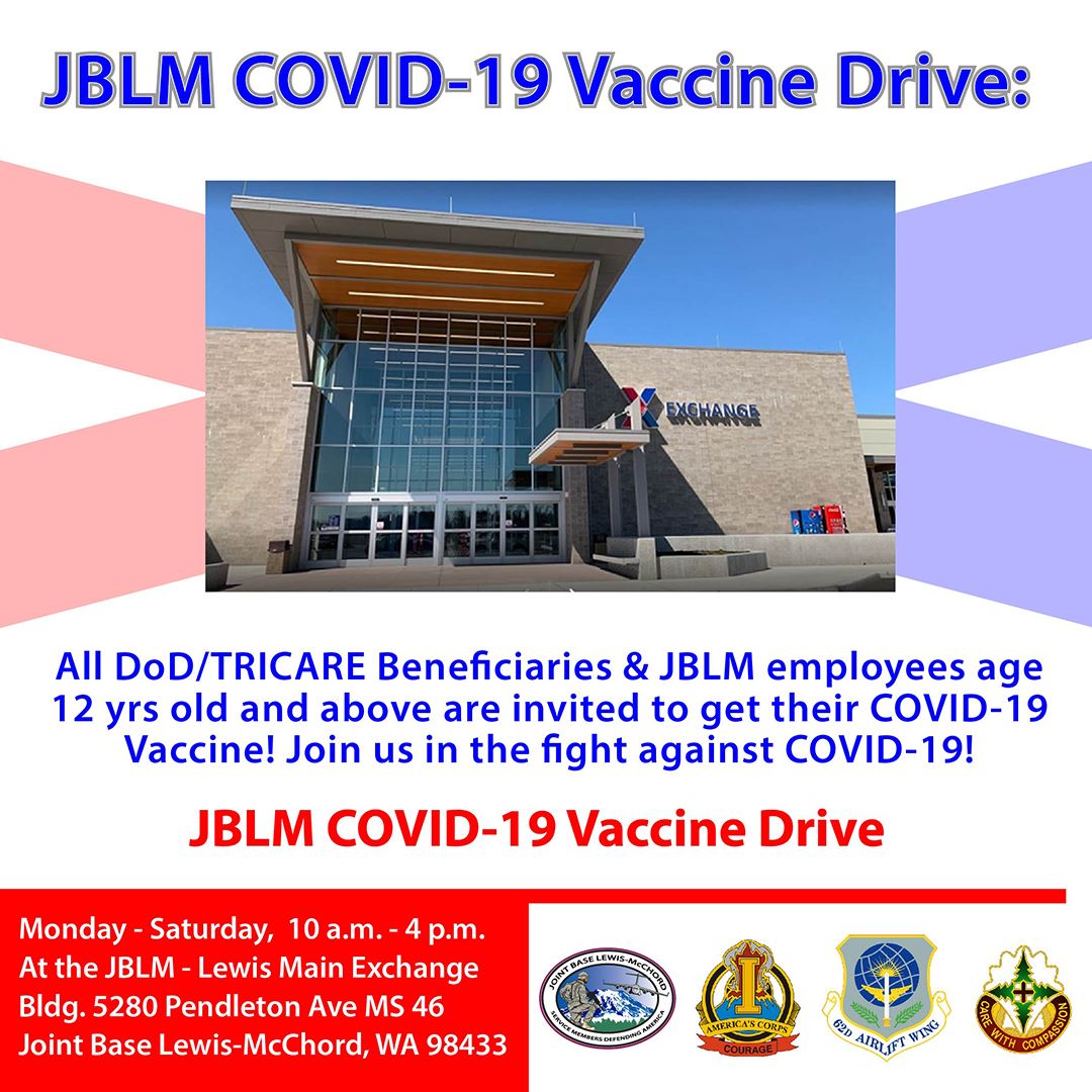 Walk-in COVID-19 Vaccination at #JBLM! Monday-Saturday, 10 a.m. - 4 p.m. at the JBLM Exchange Stop by and get you and your eligible family members vaccinated! JBLM - Lewis Main Exchange Bldg 5280 Pendleton Ave MS 46 JB Lewis-McChord, WA 98433