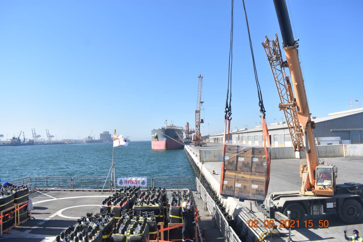 In continuation of '#Oxygen Solidarity Bridge' to support India's #FightAgainstCOVID19, Indian Naval Ship Tarkash on her third trip as part of Operation #SamudraSetu II (Oxygen Express) brought in critical medical supplies from #Kuwait and #SaudiArabia