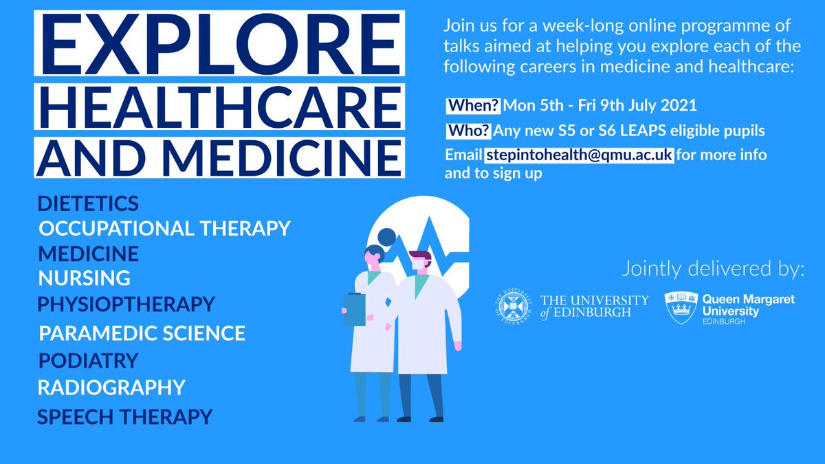 DYWBorders's tweet photo. 👩🏼‍⚕️ Are you S5/S6 and interested in studying any of the health professions? 👨🏼‍⚕️

Why not sign up to @QMUniversity online week-long conference on 5th-9th July! 

For more information and to sign up, send an email to:
📧 stepintohealth@qmu.ac.uk

#DYWBorders https://t.co/9glYAmgVY3