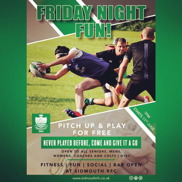 SidmouthRFC's tweet photo. Come and join in the Friday fun! Enjoy a cold beer after! ☀️🏉☀️ 7pm this Friday at the Blackmore! https://t.co/5XiFT4Toch