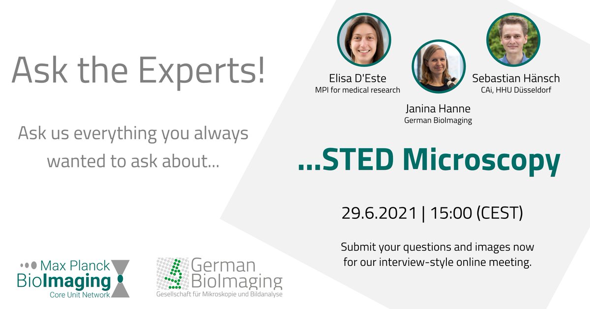 Join us for our joint #GerBI &amp; <a href="/MPBioImagingNet/">Max Planck BioImaging Core Unit Network</a> online event on June 29th, 3pm CEST: 
Ask the experts – STED #microscopy! 
Ask us everything that comes to your mind about #STED theory, sample prep, dyes, common mistakes… Contact your local core facility for details! #nanoscopy