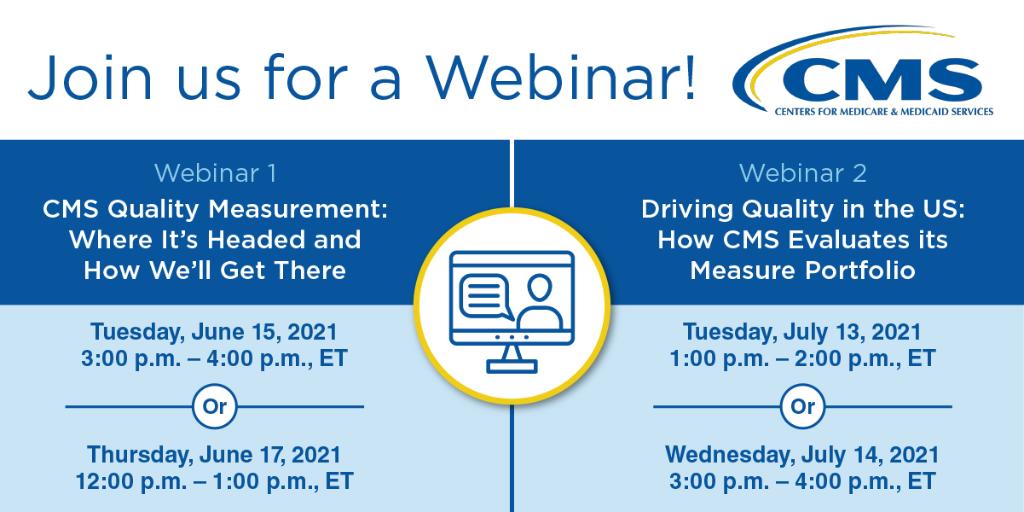 CMS will discuss goals for advancing quality measurement with a focus on streamlining use, reducing burden, and digital quality measures. Join CMS 6/15 or 6/17 for the webinar - CMS Quality Measurement: Where It’s Headed and How We’ll Get There. https://conta.cc/3ybQLls  