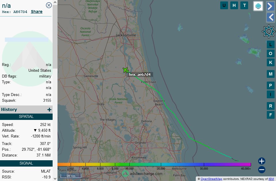 TheIntelFrog's tweet photo. P-8A Poseidon #AE67D4 BuNo ?????? as flight TRIDENT25 looking for 3 visual approaches to Navy Jax and then the tower pattern. Appears to be coming from AUTEC in the Bahamas. https://t.co/6DkAIkZo9A