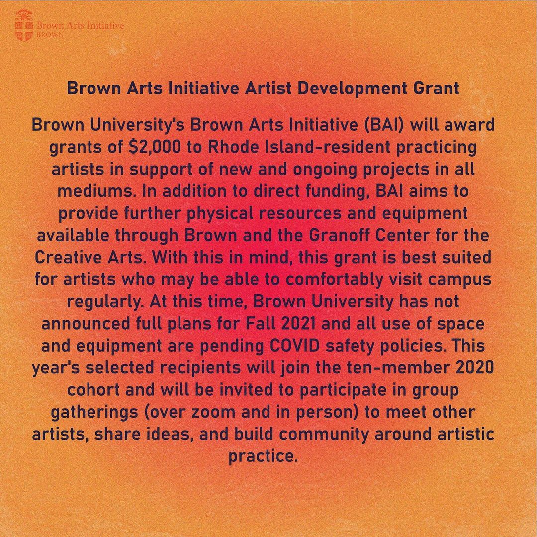 BAIBrownU's tweet photo. We are now accepting applications for our Artist Development Grant program! To learn more and apply: https://t.co/PJAbiM0AyR https://t.co/288BvGYhFZ
