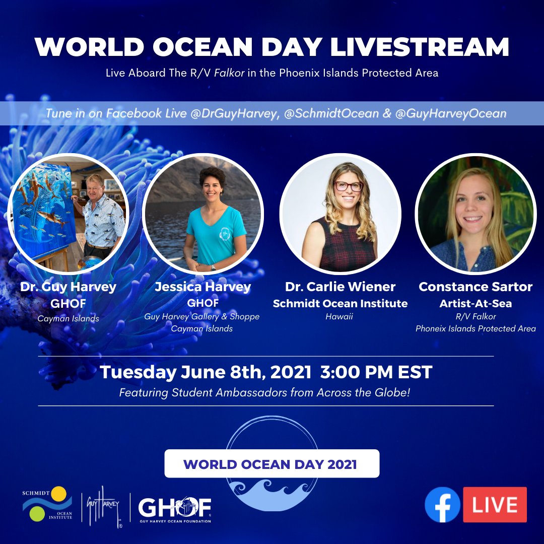 CarlieHawaii's tweet image. Excited to be co-hosting this #WorldOceansDay , an online event with @GuyHarvey! We are going live from the Phoenix Islands Archipelago with @SchmidtOcean talking about science and arts in the ocean.
#GHOF #SOI #STEAM
