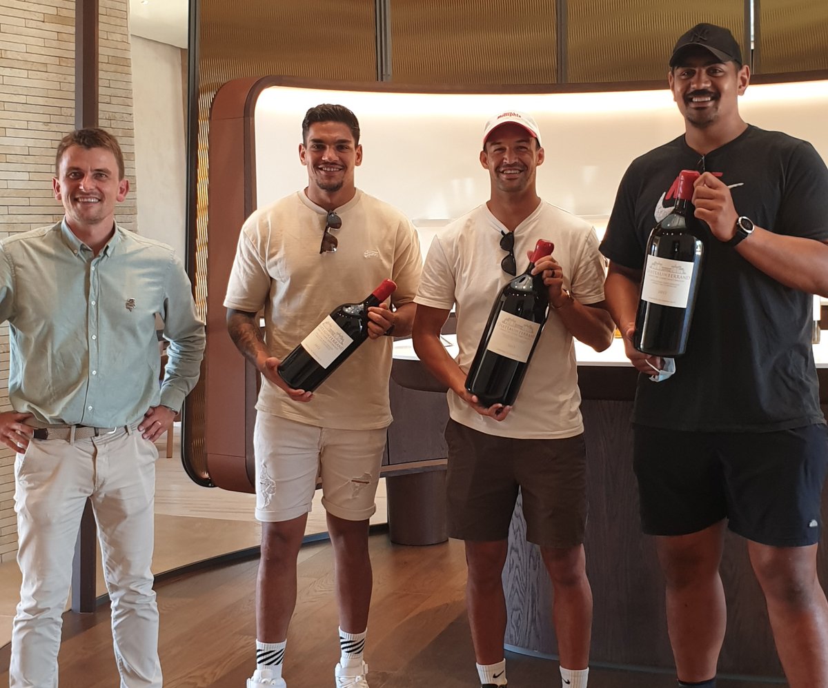 Ch_deFerrand's tweet photo. Very happy to welcome @dill10leyds, @SkeltonWilliam and @LukeStringer12 for a tour and tasting of our wines! 🏈🍷 https://t.co/YhdPZNT8QC