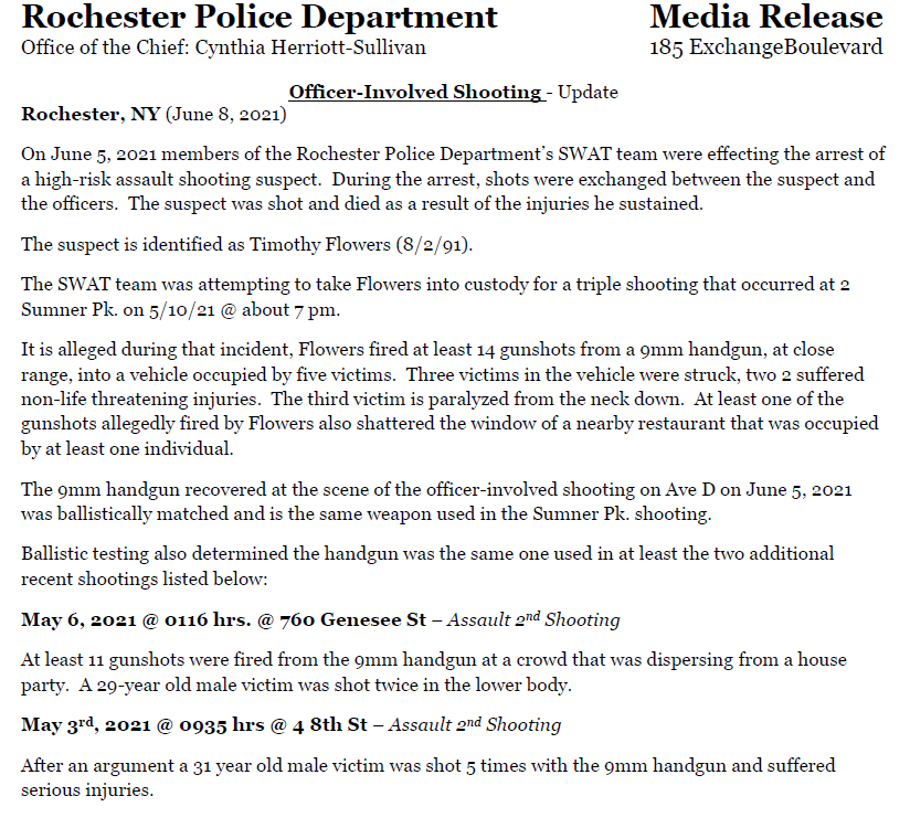 Weapon used by the suspect in the Officer Involved Shooting on Ave D is linked to 3 recent Assault Shootings, including the triple shooting @ Monroe Ave &amp; Sumner Pk 5/10/21. <a href="/mcfw/">MonroeCountyFireWire</a> <a href="/ROCHNYCRIMEINFO/">ROCHESTER, NY CRIME, INCIDENTS, NEWS, INFO</a>