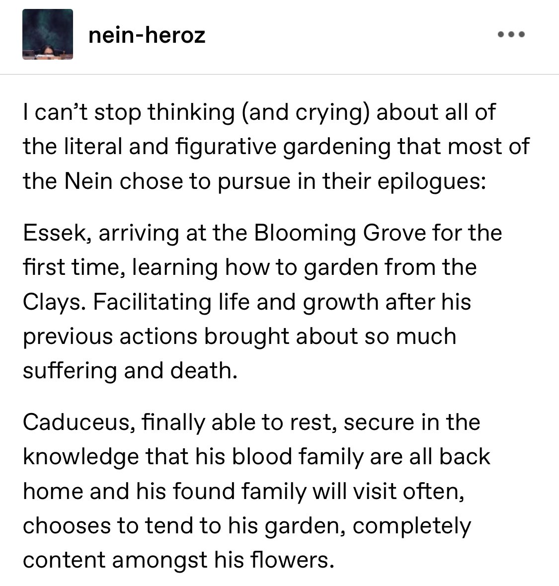 beaubaltsoul's tweet photo. Still thinking about how most of the Nein chose to become nurturers when they were finally free to pursue their own interests. I love them forever 🥲💚🪴 #CriticalRole https://t.co/WHhhJJ32I4