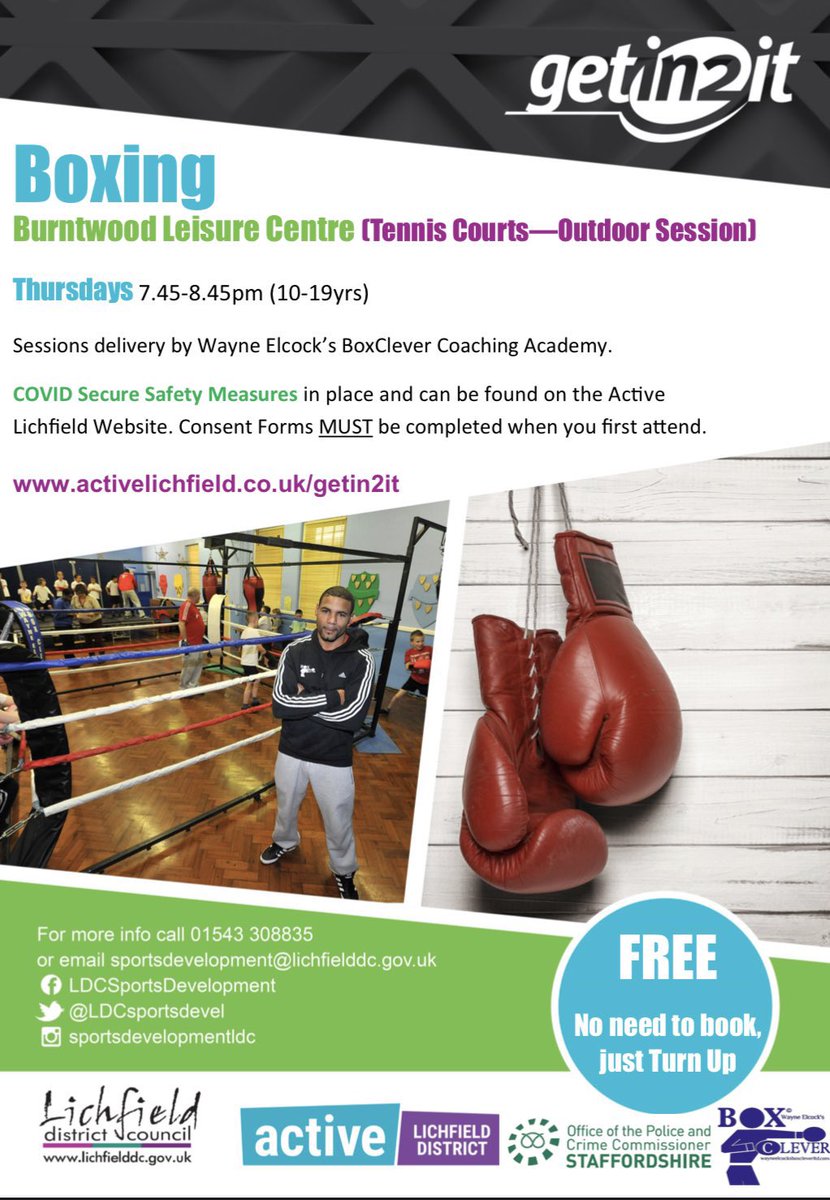 Getin2itLDC's tweet photo. #Getin2it boxing sessions this Thursday from Oakenfield and Burntwood Leisure Centre, delivered by @BoxClever2

The sessions are for ages 10-19, and teach participants the skills of the sport in an active and engaging way! 

More info👉https://t.co/T4yp0tj9vg https://t.co/RYFN7te45h
