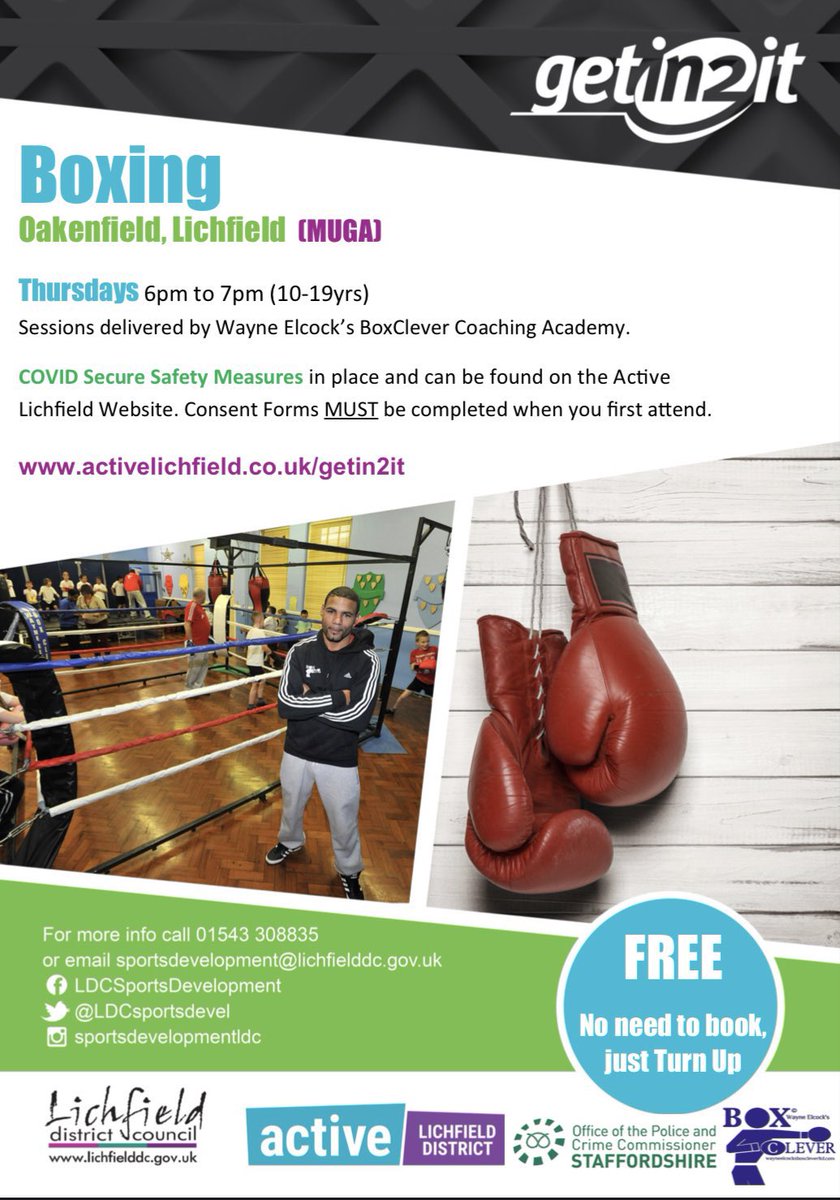 #Getin2it boxing sessions this Thursday from Oakenfield and Burntwood Leisure Centre, delivered by @BoxClever2

The sessions are for ages 10-19, and teach participants the skills of the sport in an active and engaging way! 

More info👉bit.ly/3n2Wipn