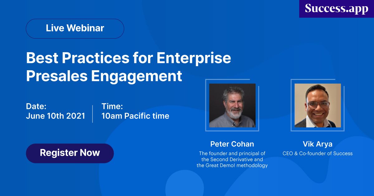 GetSuccessApp's tweet image. Join our free #Webinar to learn about best practices in enterprise presales engagement Register here: buff.ly/3w3yqps #presale #pocmanagment #presalescollective