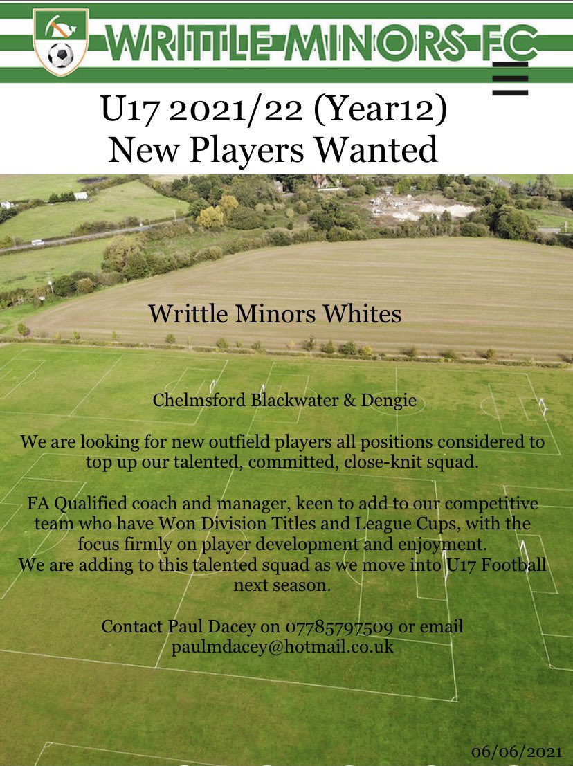 WrittleMFCu16's tweet photo. We are now looking to recruit New Players for the new season at U17 (2021/22) (Year12), get in touch for more information @fffinderuk RT please https://t.co/5hWxyKI3og