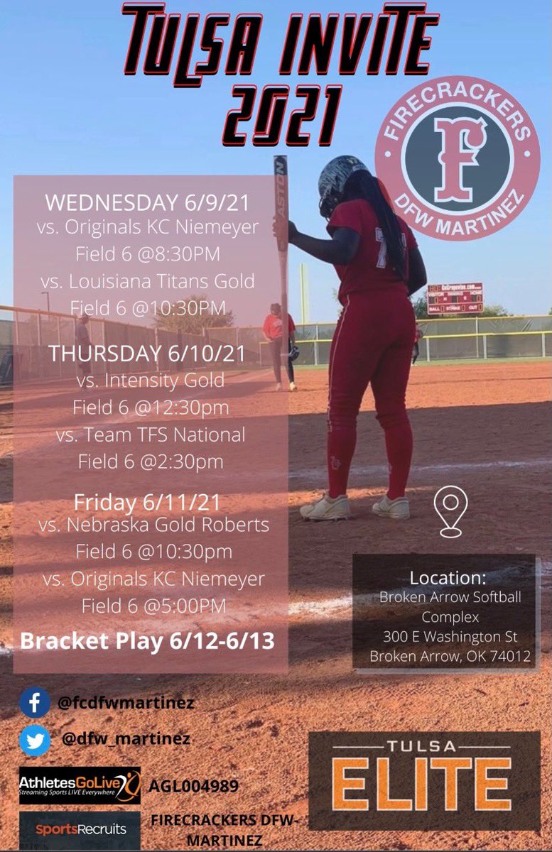DfwFirecrackers's tweet photo. Good luck to our @dfw_martinez 18U Team as they will hit the field this week at the 11th annual @TulsaElite Summer Invite 
#AllGas #FCDFWMtz @IHartFastpitch @rickcowan68 @JoeMtz28 @gwynethmiller42 @kristinrod03 @FloSoftball @TopGunEvents https://t.co/xUEt7mAFNt