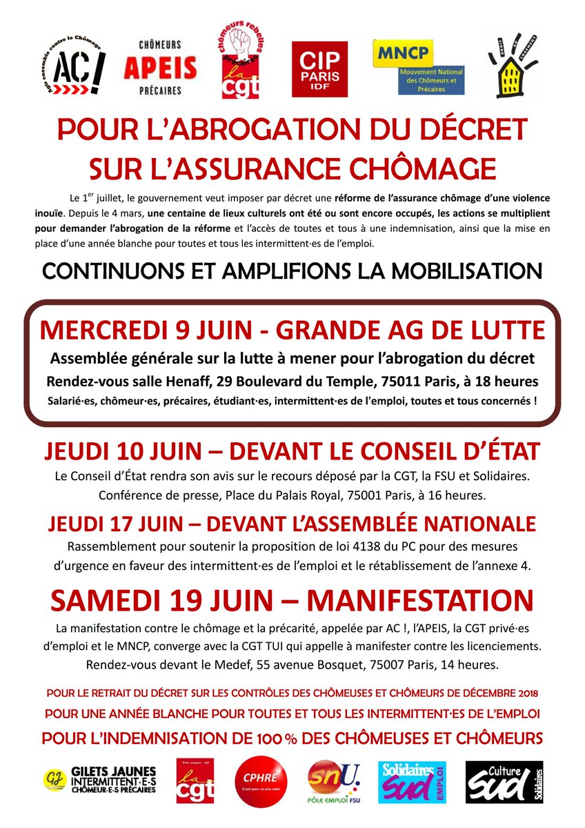 AG unitaire de lutte pour l’abrogation du décret de la reforme de l’assurance chômage. 
RDV demain 9 juin à 18h au 29 Bd du Temple à Paris.
Organisons-nous...