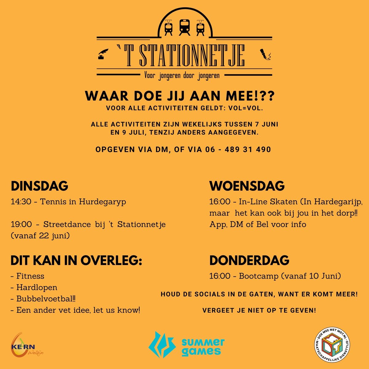 Tussen 7 juni en 9 juli organiseren jongeren met ons vette (corona-proof) activiteiten door de <a href="/summergamesnl/">SummerGamesNL</a>! Op de poster is te zien wat er al ingepland is, maar er komt zeker meer! Houd de socials in de gaten! #bewegen #actief #achtkarspelen #tytsjerksteradiel #summergamesnl