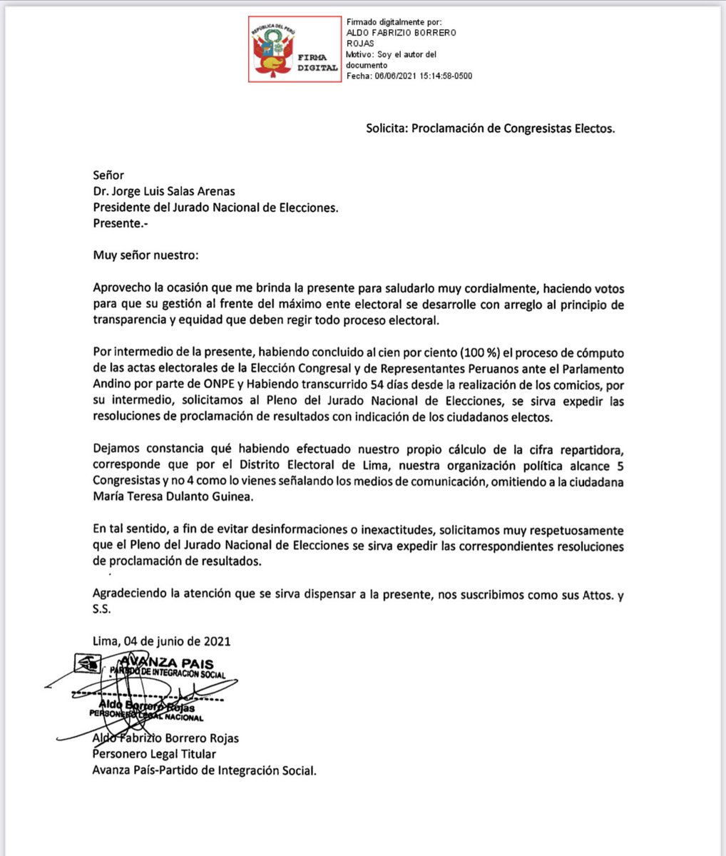 He presentado oficialmente al <a href="/JNE_Peru/">JNE Perú</a> solicitud exigiendo mi curul como Congresista de la República. Esta solicitud está ajustada y acordada a ley.  Les agradezco a los más de 17, 000  que confiaron en mi <a href="/JNE_Peru/">JNE Perú</a> <a href="/ONPE_oficial/">ONPE</a> @rosangellafp <a href="/VanyaThais/">Vanya Thais</a> <a href="/esquinabaja/">Carla García B 💚</a>