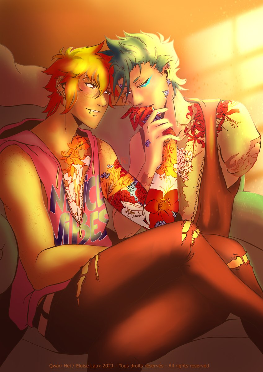 [ Blooming Scars ]
"My scars looks good on you..."

Soulmate AU where the scars your soulmate gets blooms as colorful flower tattoos on you 🌺🌻🌼🌷
Also an AU where Grimmjow never got his arm back

Happy GrimmIchiDay !

#grimmichi #BLEACH