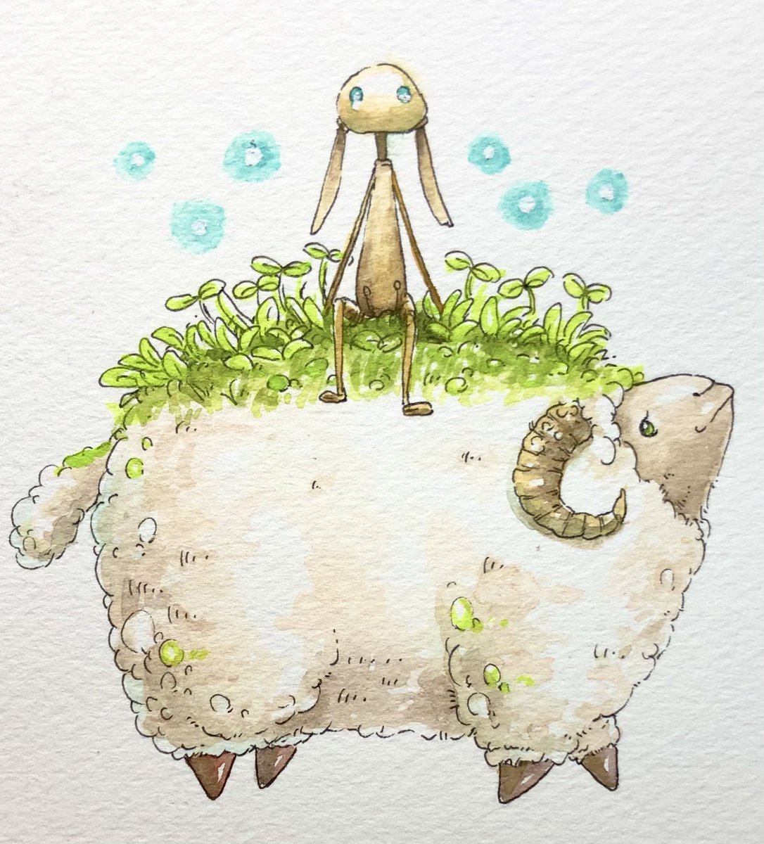 no humans sheep pokemon (creature) traditional media watercolor (medium) painting (medium) grass  illustration images