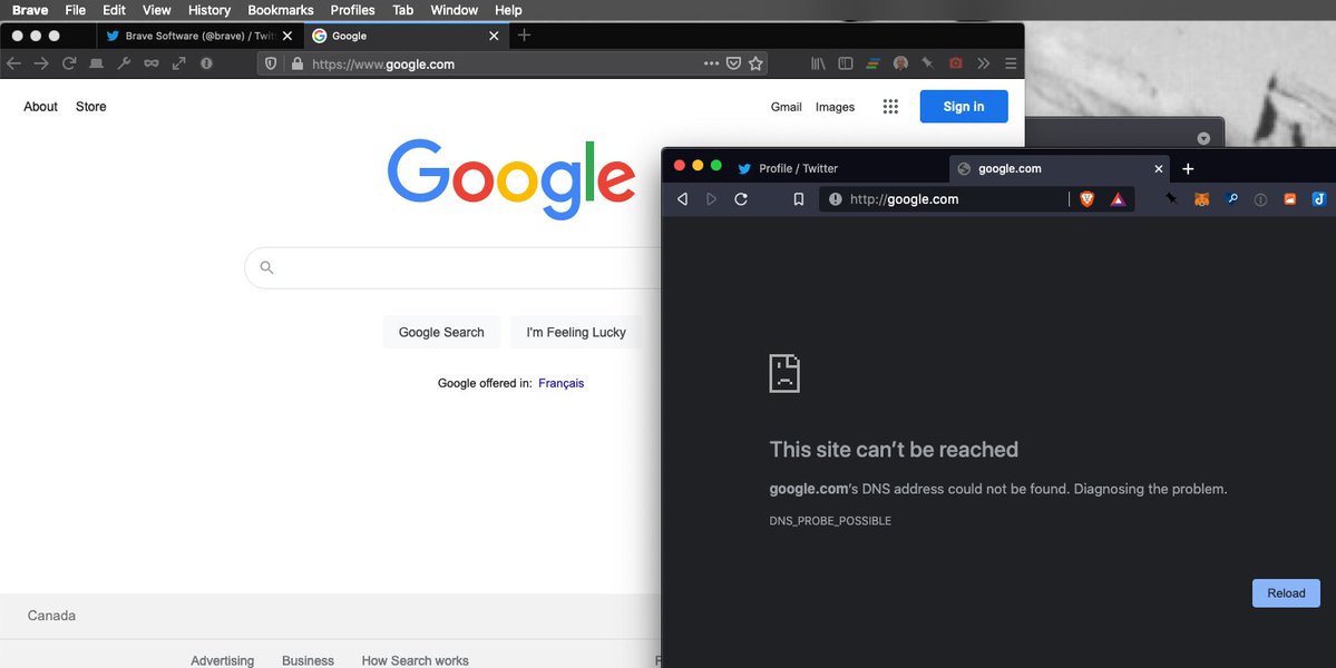 thekenshow's tweet photo. @BraveSupport @brave My Brave browser (latest) suddenly stopped resolving all kinds of domains on macOS this morning.  Firefox and Safari on same machine work fine. No changes to Brave or localhost settings, VPN off. What?! https://t.co/F6cfQazmu5