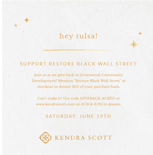 Restore Black Wall Street is partnering with Kendra Scott in an effort to raise money for the cause! Come and purchase in store on June 19th or online June 19th and 20th!

Just follow the guidelines below!

#restoreblackwallstreet #tulsa #smallbusiness 

<a href="/KendraScott/">kendrascott</a>