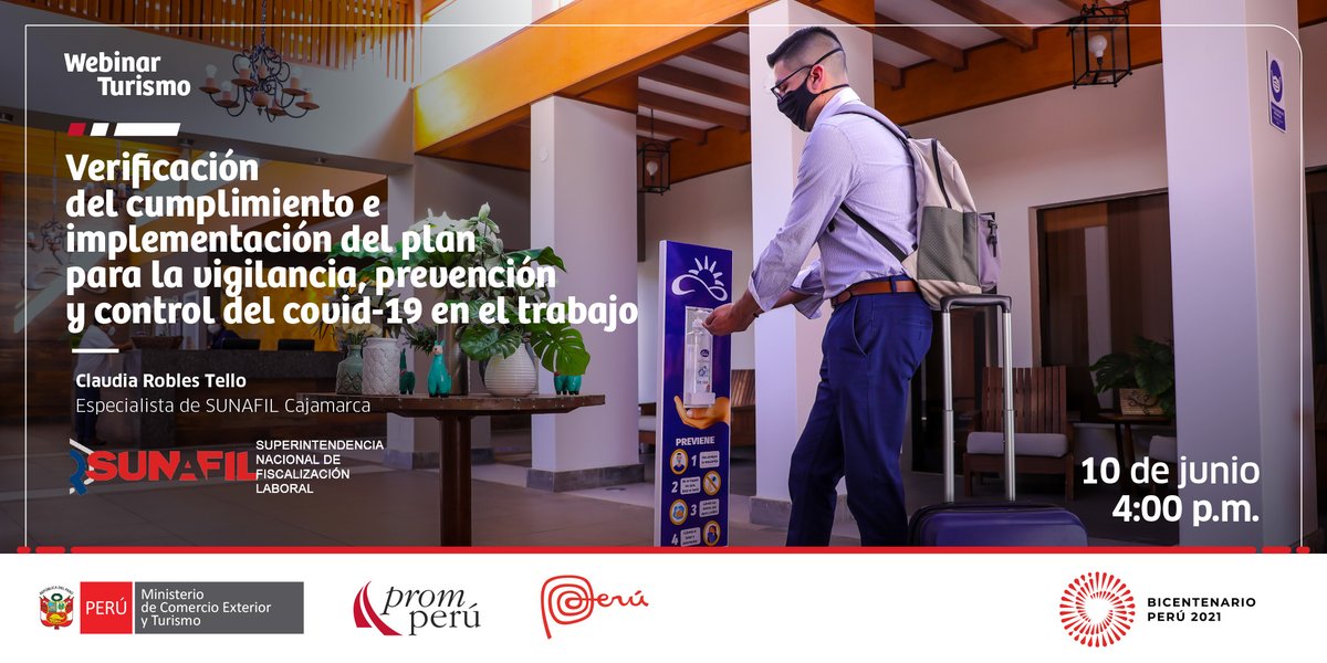 ¡Sigamos contribuyendo a la reactivación del turismo! 🙌
Conoce cómo contribuir con la disminución de riesgo de trasmisión del COVID-19 en el ámbito laboral de las empresas de servicios turísticos. Regístrate aquí ➡️bit.ly/3w1N8x1 

#PROMPERÚ