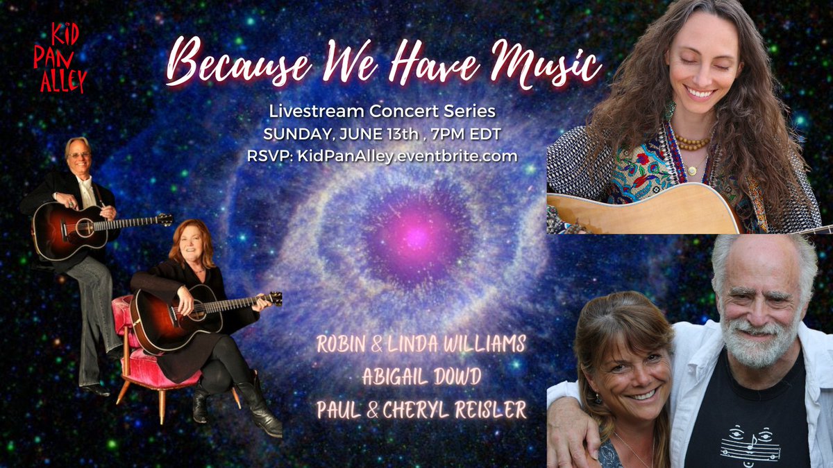 Join us this Sunday, June 13th at 7:00PM EDT for our next "Because We Have Music" concert with  <a href="/abigaildowd/">abigail dowd</a>, Robin and Linda Williams, and our fabulous hosts Paul Reisler and Cheryl Toth!

Register here: bit.ly/HC0613

#livestreamconcert #americanamusic #songwriter