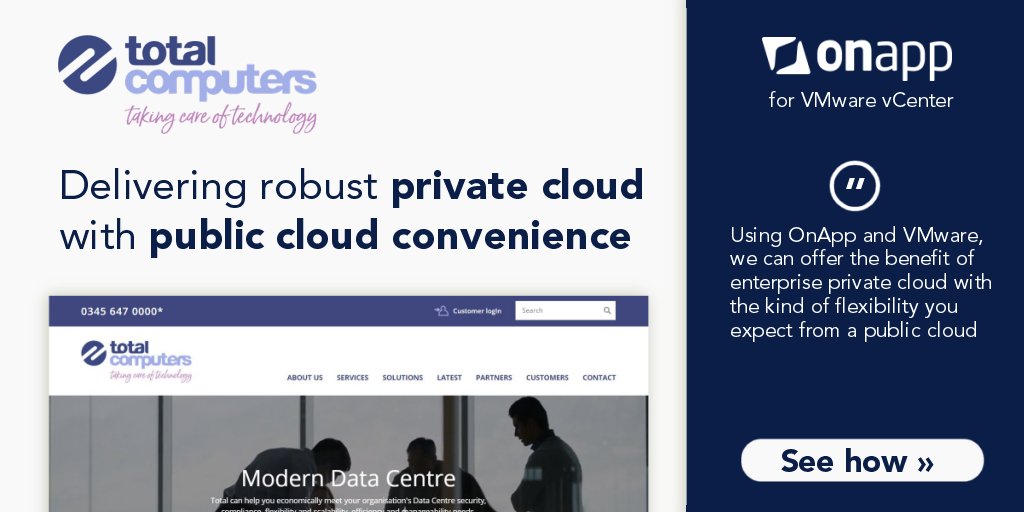 OnApp (@onapp) on Twitter photo See how our friends at <a href="/Totalcomputers/">Total Computers</a> make private cloud easy with vCenter + OnApp.
onapp.com/total-computers
#vmware #vcenter #privatecloud #MSP See how our friends at <a href="/Totalcomputers/">Total Computers</a> make private cloud easy with vCenter + OnApp.
onapp.com/total-computers
#vmware #vcenter #privatecloud #MSP