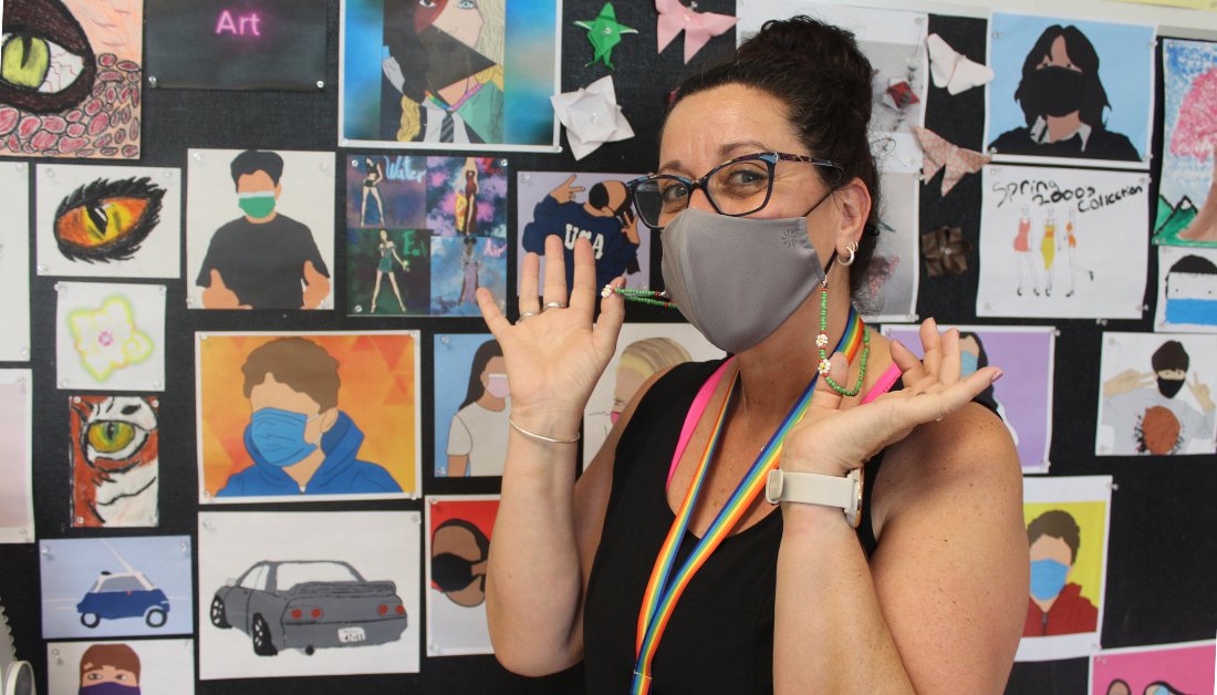 KLSchools's tweet photo. Check out what the #JJMS Art Club created this spring ... beaded face mask "necklaces" to keep face masks close when not being worn. Model: Jean Capuano, art teacher and advisor to the Art Club. https://t.co/T8BqPFZT2c