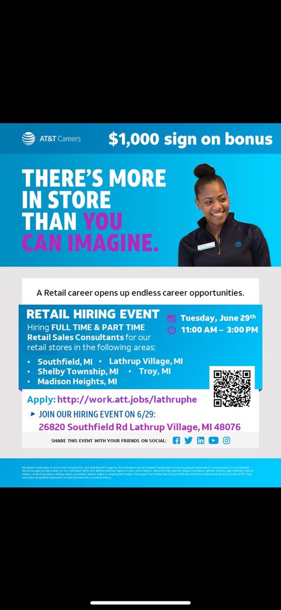 We are hosting in-person retail hiring for part &amp; full time jobs in Michigan on June 29th from 11:00 AM - 3:00 PM.  I hope to see you there.  @attCAREERS