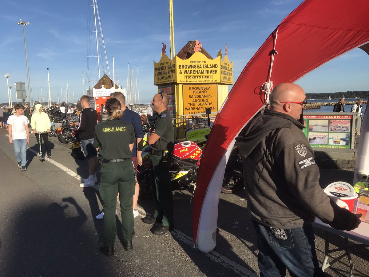 DorsetTraumaDoc's tweet photo. Another great #BikeNight at Poole, with great support from @dsairambulance, @swasFT & #FireBikes from @DWFRSRoadSafety @BikerDownWilts. Loads of interest for the bikers & great to see the two @DocBike_Dorset bikes out together https://t.co/kiqw5LsvVu