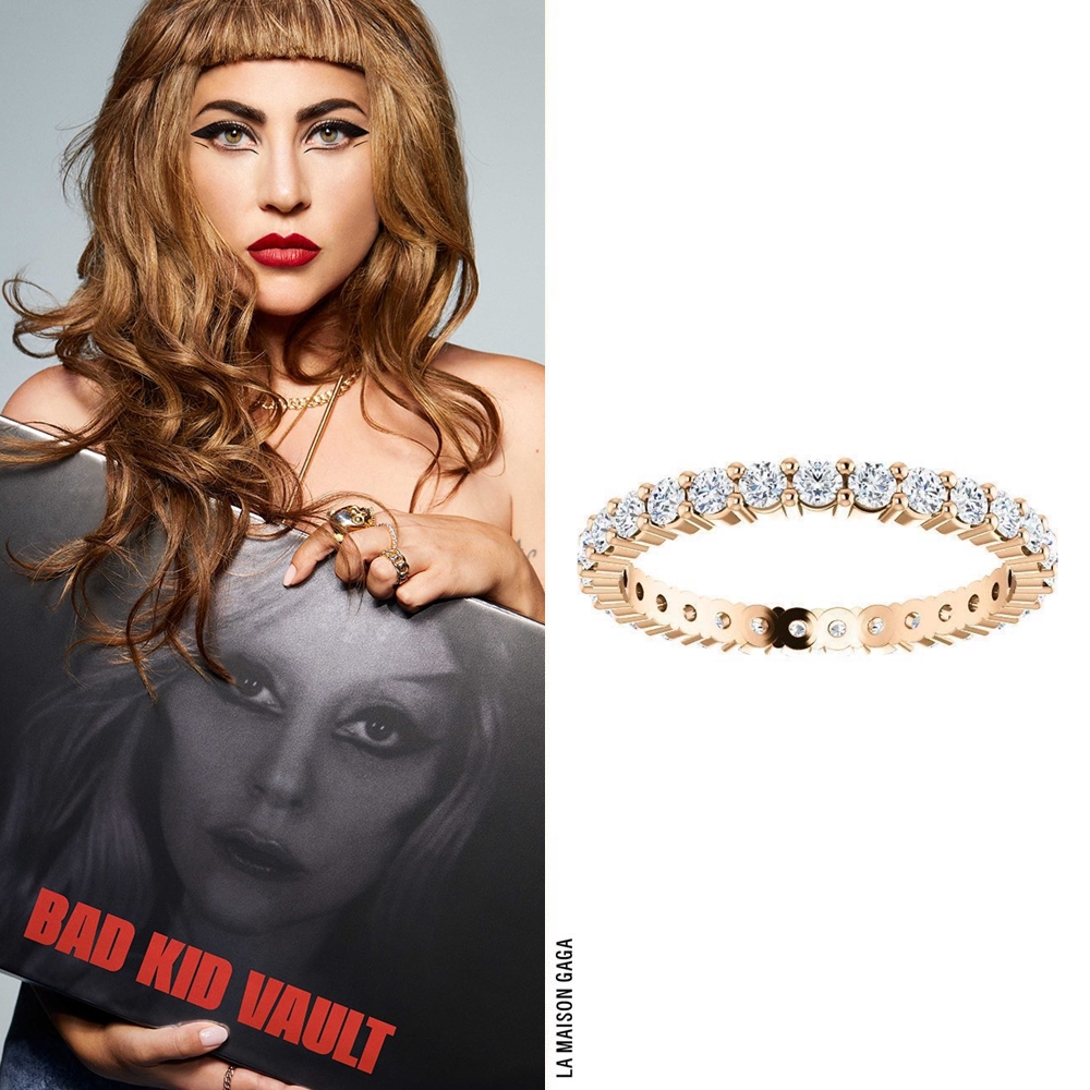lamaisongaga_'s tweet photo. In her newest Haus Labs campaign, #LadyGaga wears the @LanaJewelry "Bond" choker and hoops, an @EdwardAvedis diamond halo band ring and a #Nicopanda gold &amp; silver "Zombie Panda" ring! https://t.co/MhNKnrkD3F