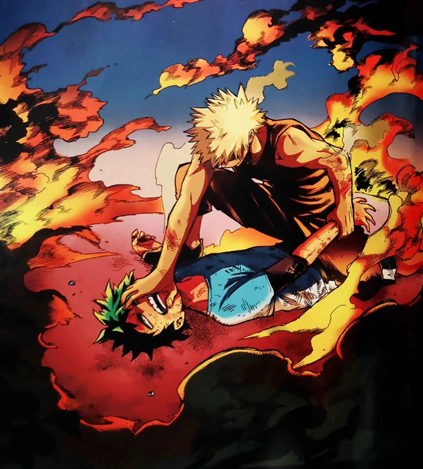 The Deku vs Kacchan 2 booklet colored the fight and it's so pretty, it's all orange and green  