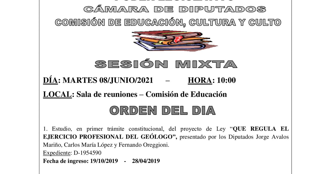 Referente al Primer Punto, en su primer trámite constitucional del Pyto. de Ley que regula el Ejercicio Pofesional del Geólogo presentado por los legisladores <a href="/JorgeAvalosDip/">Diputado Jorge Ávalos Mariño 🇵🇾</a>, Carlos Maria López y <a href="/fernandooreggi1/">Fernando Oreggioni</a>, la comisión resolvió aprobar con modificaciones.