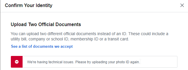 . <a href="/fbsecurity/">Facebook Security</a> your confirm identity page has been erroring out for over a week.