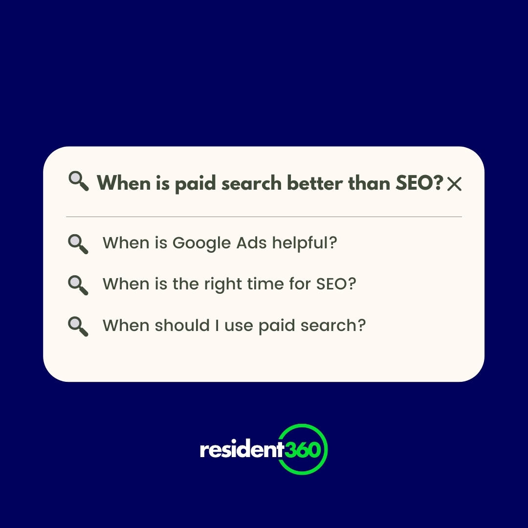 Resident360's tweet photo. ❓Multifamily clients often ask if they should be using Google Ads or search engine optimization (SEO) for apartment marketing. If budget allows, we always recommend doing both Google Ads and SEO simultaneously. ✔️Subscribe to our newsletter for more tips! https://t.co/WsAnVf4r8l