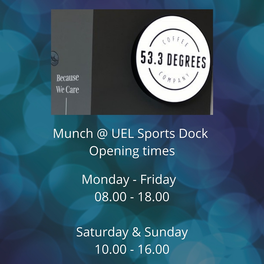 ueatwell's tweet photo. We are delighted to announce that the Munch at @uelsportsdock is open once again. We have freshly brewed fair trade coffee, pasties and sandwiches as well as a selection of cold drinks.
#uelsportsdock #refreshments #freshlybrewed #freshpastries #UEL #uellife #DocklandsCampus https://t.co/dSrUVb1BRR