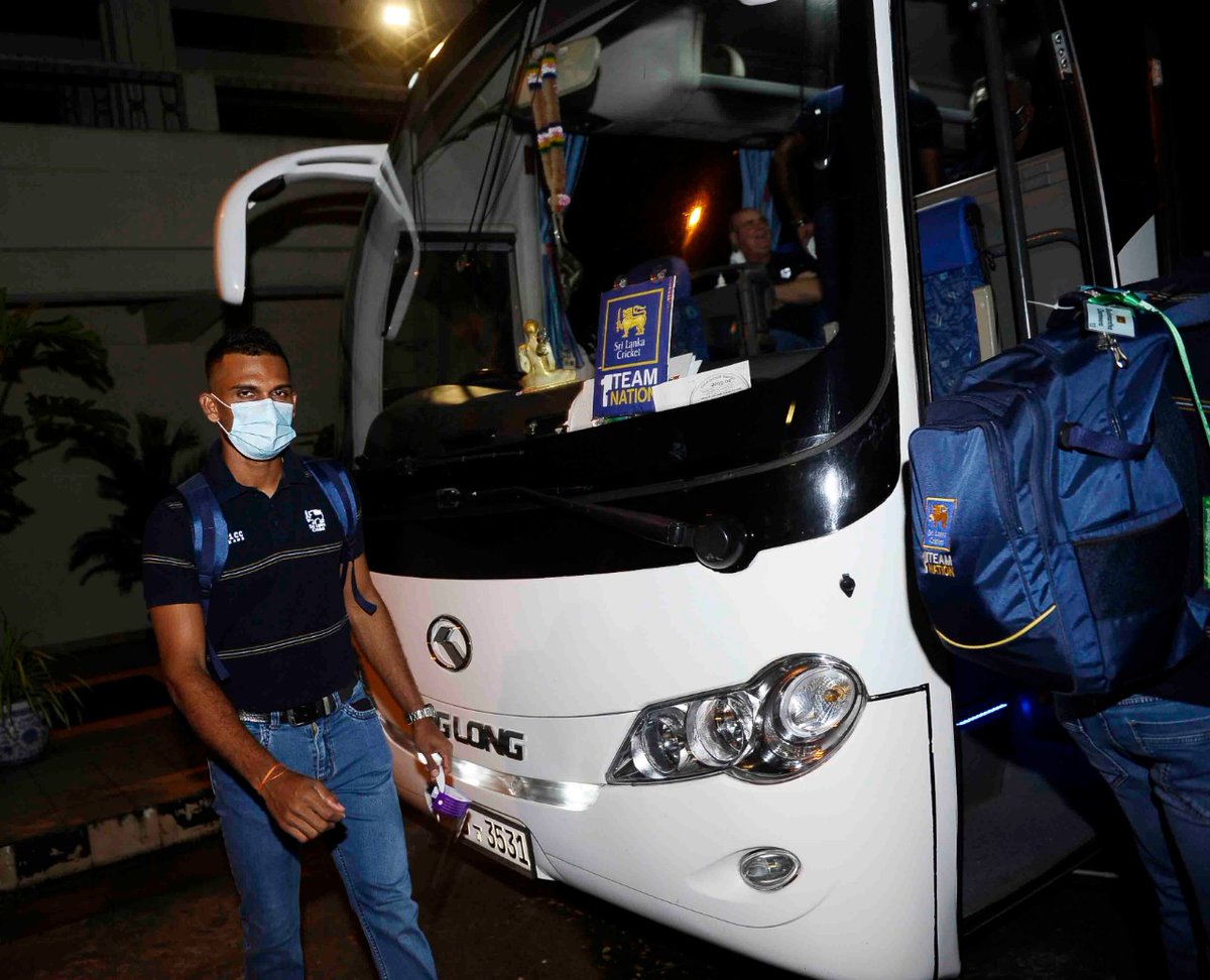 OfficialSLC's tweet photo. Sri Lanka limited over squad led by Kusal Perera left the quarantine hotel premises short while ago to embark on their tour to England.🛫 

#ENGvSL https://t.co/2qCbzfeuBT