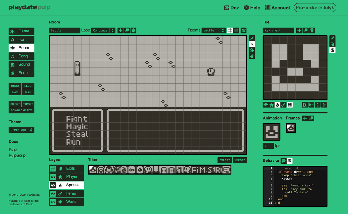 shauninman's tweet photo. In addition to the games I worked on I’m also looking forward to seeing what everyone creates with Pulp. Draw sprites, layout rooms, pixel fonts, chip tunes, and script...well, PulpScript. All in the browser. Then play on your @playdate. 🌟📙 https://t.co/mBkJawKYNI