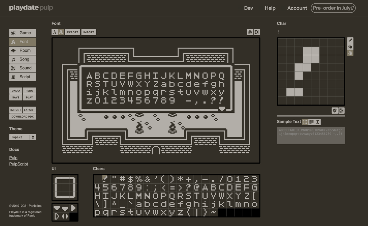 shauninman's tweet photo. In addition to the games I worked on I’m also looking forward to seeing what everyone creates with Pulp. Draw sprites, layout rooms, pixel fonts, chip tunes, and script...well, PulpScript. All in the browser. Then play on your @playdate. 🌟📙 https://t.co/mBkJawKYNI