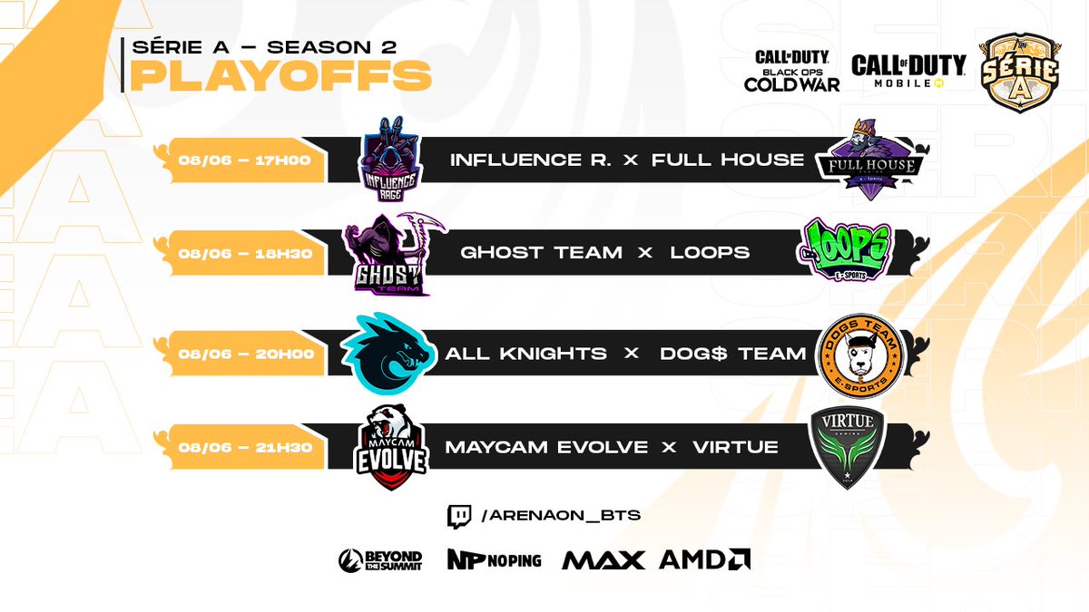 🏆 PLAYOFFS

Segundo dia de Playoffs!!

É teste pra cardíaco meus amigos!

⏰17h00
<a href="/inf_rage/">Influence Rage</a> x <a href="/fhgesports/">Full House Gaming</a>
⏰18h30
<a href="/ghostteamg/">ghostteam</a> x <a href="/loopsesports/">Loops</a>
⏰20h00
@allknights_la x <a href="/DOGS_TEAM/">DOG$ TEAM E-SPORTS</a>
⏰21h30
<a href="/MaycamEvolve/">MAYCAM EVOLVE</a> x @VrT_Gaming

📺 twitch.tv/ArenaOn_BTS
📍 <a href="/BTSBrasilTV/">BTSBrasilTV</a>