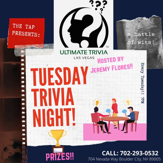 UltTriviaLV's tweet photo. TONIGHT!!! 
#TRIVIA NIGHT ON TUESDAYS at 7:00pm in
#BOULDERCITY , #NV at The Tap FREE to play and PRIZES!  
Come on down to The Tap! $3 Tacos $5 Margaritas $3 
Beer! Hosted by Comedian @JeremyHFlores  (Me) lol https://t.co/HXz9XBZH2W