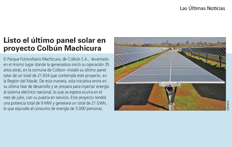 ColbunEnergia's tweet photo. Instalamos el último panel en nuestro parque fotovoltaico Machicura y así fue como lo cubrieron los diferentes medios de comunicación.
#SumemosEnergía https://t.co/3ZxMzcntfI