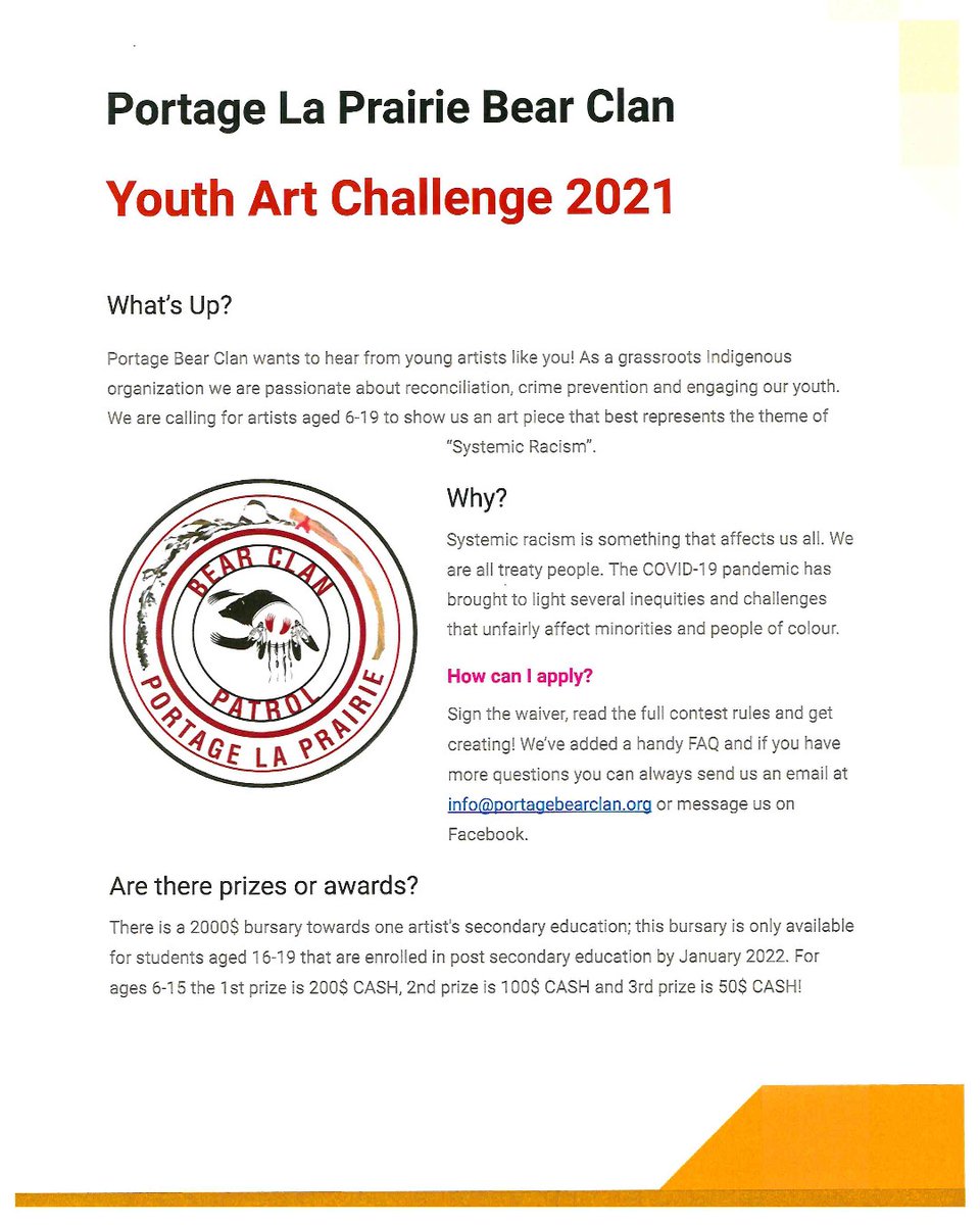 CommunityFound4's tweet image. The Portage la Prairie Bear Clan is looking for youth aged 6-19 to submit an art piece that represents the theme of Systemic Racism.  

Details are pictured here or contact the Portage Bear Clan for more information at info@portagebearclan.org