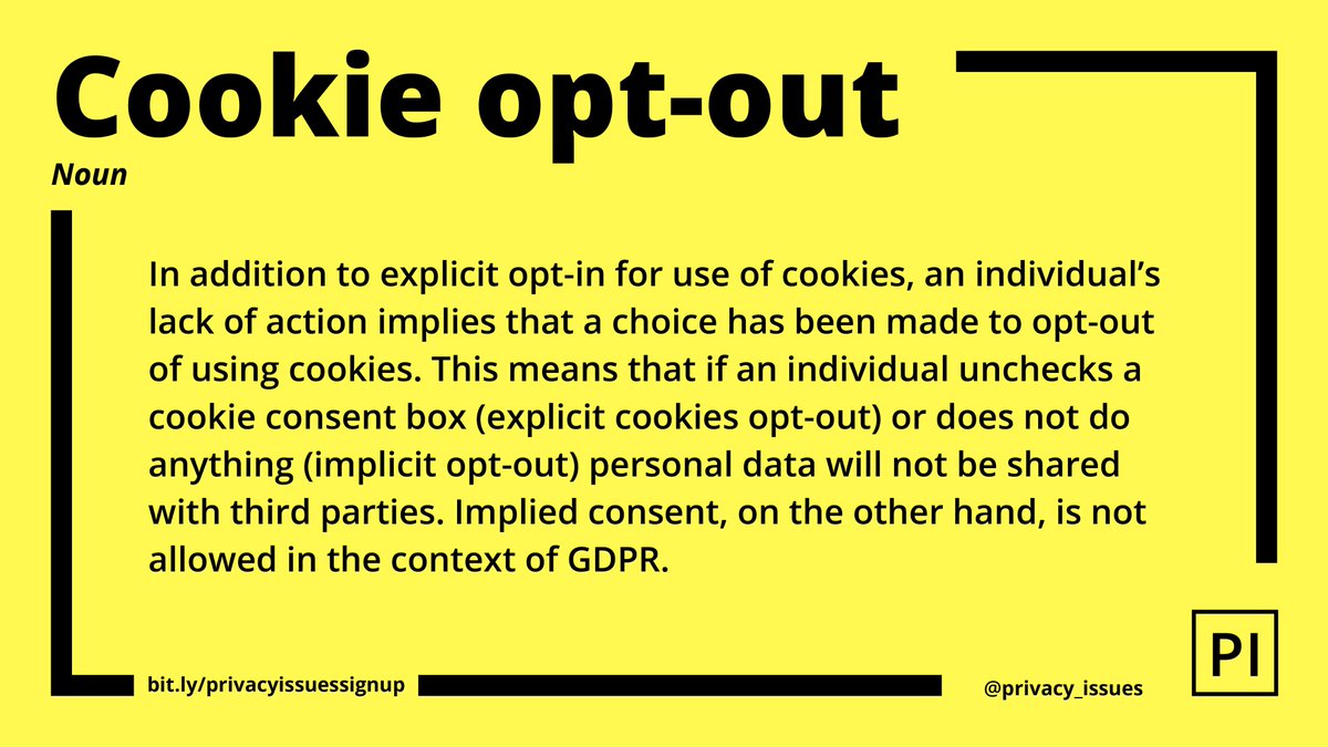 privacy_issues's tweet image. It is #GlossaryPI day! The #privacy term for today is #cookie #OptOut. Under #GDPR and #ePrivacy the user is not required to explicitly opt out from use of cookies. #CCPA requires #active opt out in order to enforce #donotsellmydata option. 

Please share our privacy terms 🙏🙏🙏