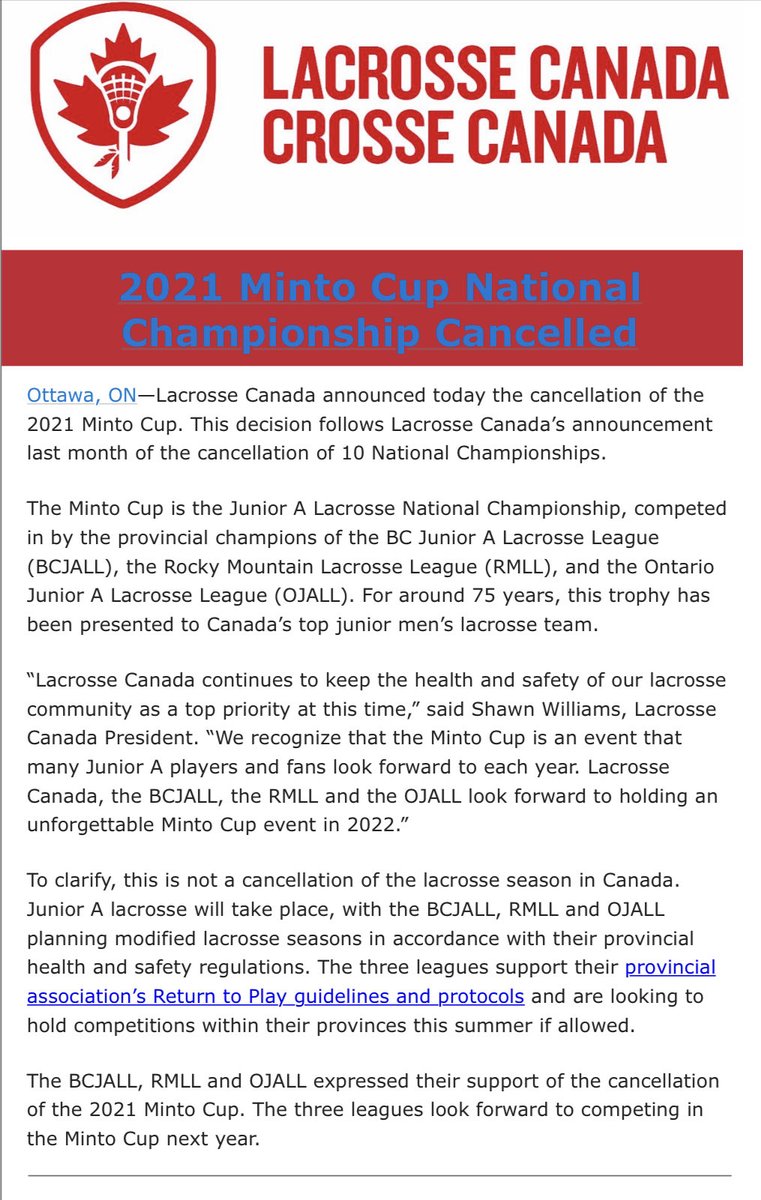 Unfortunate news for Junior A. Looking forward to getting all our National Championships back for 2022!!
