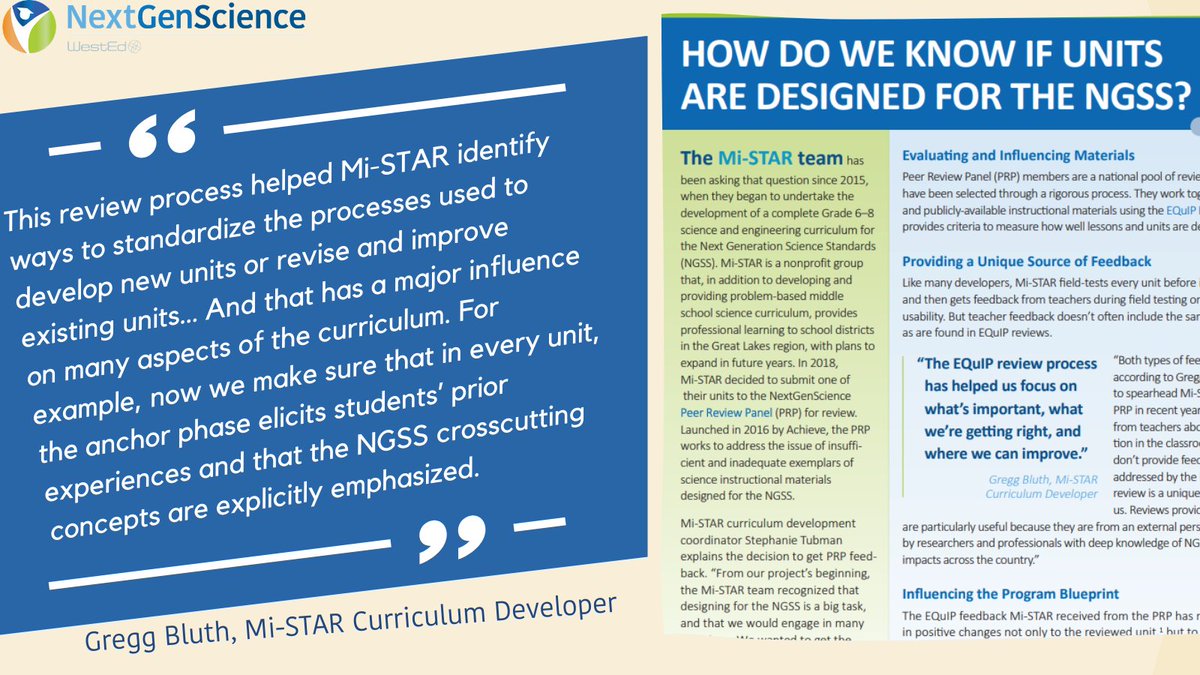 EQuIP reviews don’t only help the unit being reviewed – developers use feedback to improve other units in their curriculum as well. 

See how <a href="/MTU_MiSTAR/">Mi-STAR</a> uses EQuIP feedback from the #SciencePRP in their full program: 

ngs.wested.org/wp-content/upl…