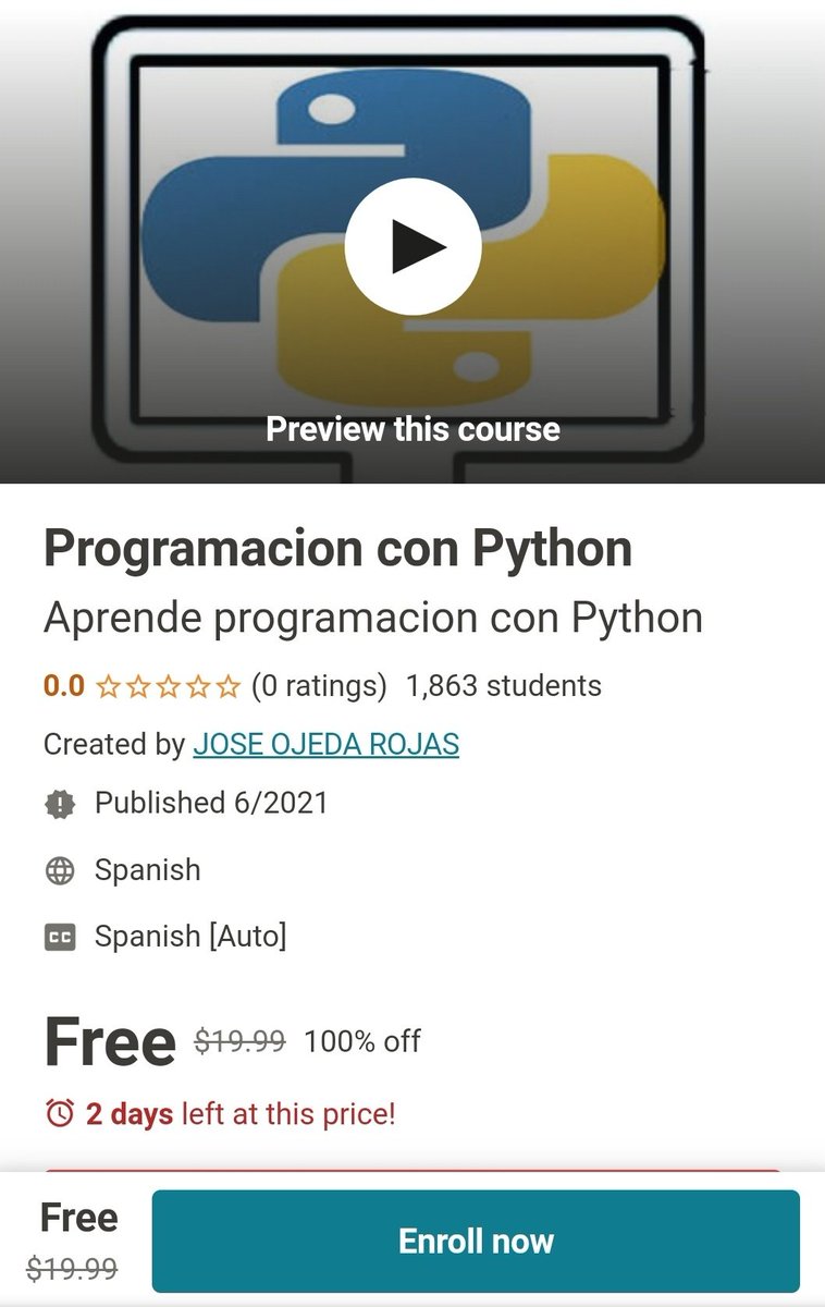 BondioDuko's tweet image. CURSOS: BUENO CAPOS, LES DEJO CURSOS TOTALMENTE GRÁTIS Y CON CERTIFICADO. DEN RT ASÍ LE LLEGA A MÁS PERDONAS.

Python: Aprende programacion con Python desde cero(o sea, sin experiencia) y en español
udemy.com/course/program…