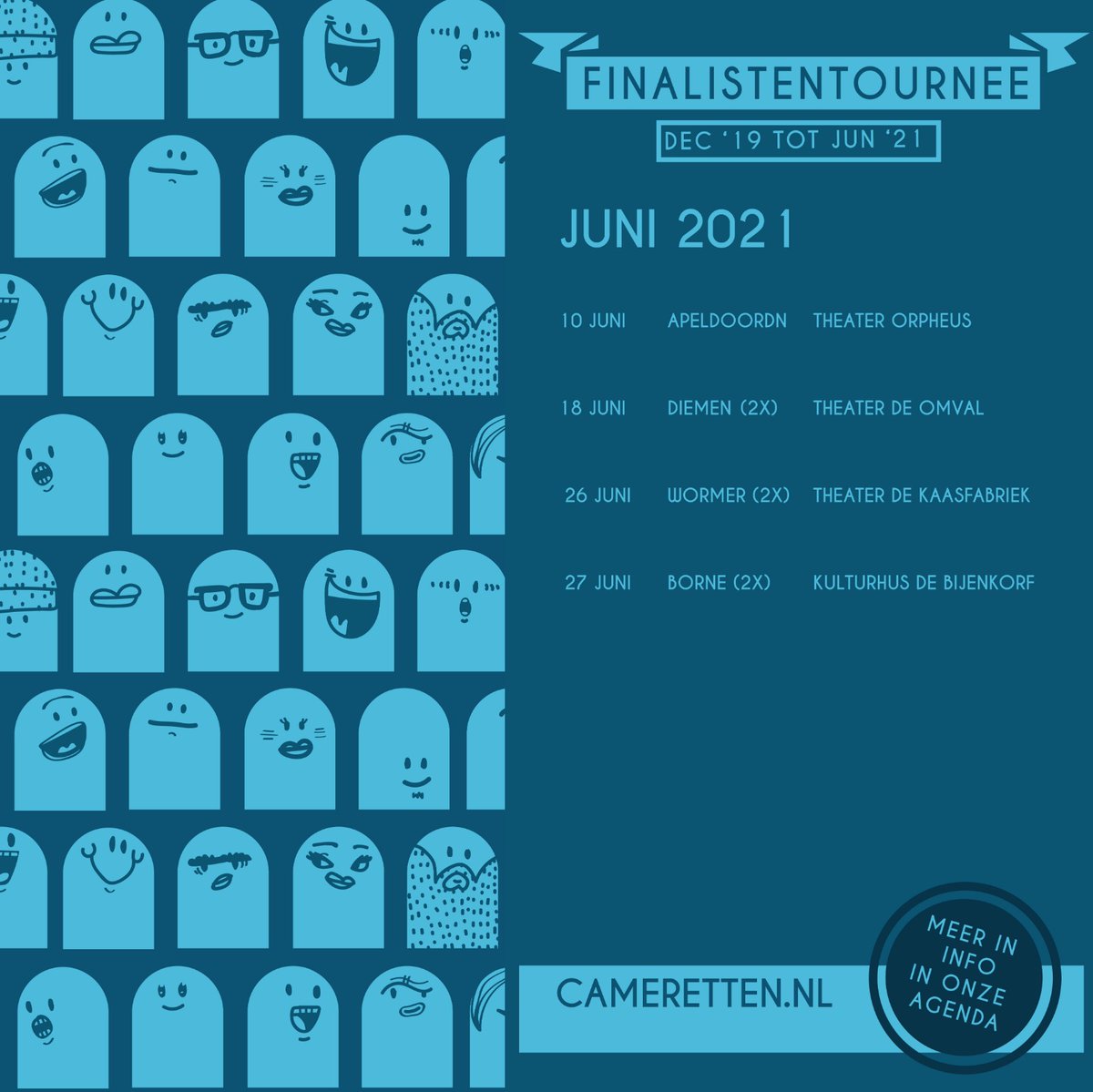 Eindelijk mogen de finalisten weer op tournee! Deze maand zijn we te zien in Apeldoorn, Diemen, Wormer en Borne.  Bekijk onze agenda: bit.ly/3w46iSZ