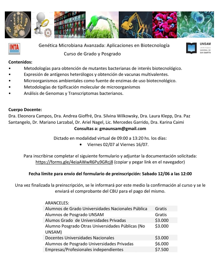 Abierta la pre-inscripción para la materia Genética Microbiana Avanzada en su edición 2021! Completar formulario aquí: forms.gle/4eiaAWwR6Pu9GR… <a href="/unsamoficial/">Universidad Nacional de San Martín</a> @CienciasInta <a href="/intaargentina/">INTA</a>